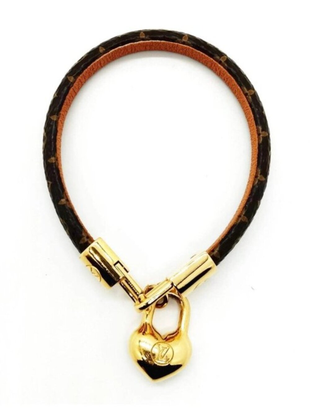 Authentic Louis Vuitton Monogram Heart Lock Leather Bracelet Gold Tone LV Charm - Picture 4 of 10